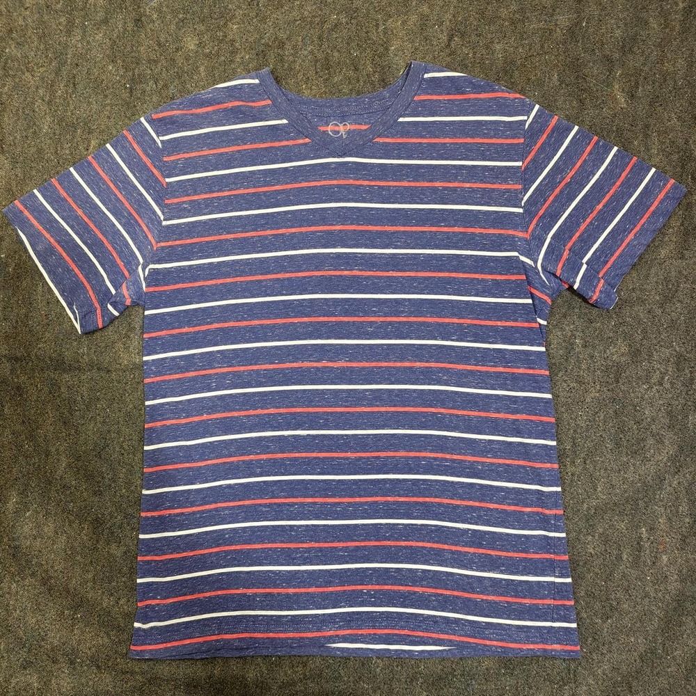 Ocean Pacific OP Mens Striped V-Neck T-Shirt Blue Red Cream Medium